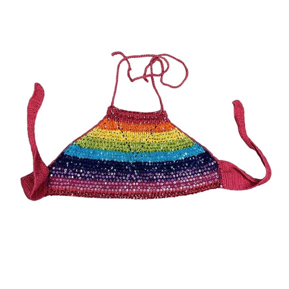 Crochet Halter Top  Girls OSFM  Rainbow Sequin Front  #Boho #Festival #Hippie - Picture 2 of 10
